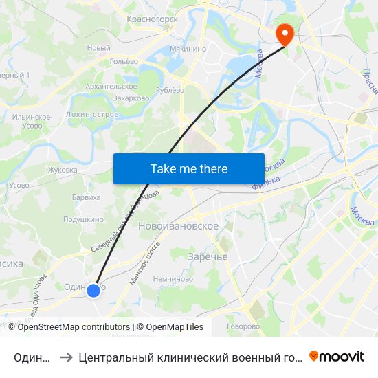 Одинцово to Центральный клинический военный госпиталь ФСБ РФ map