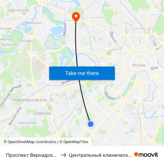 Проспект Вернадского (Prospekt Vernadskogo) to Центральный клинический военный госпиталь ФСБ РФ map
