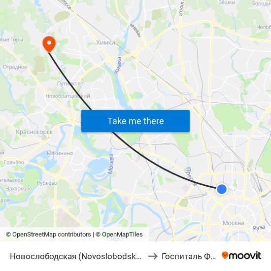 Новослободская (Novoslobodskaya) to Госпиталь ФСБ map