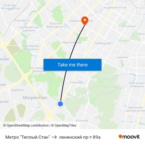 Метро "Теплый Стан" to ленинский пр-т 89а map