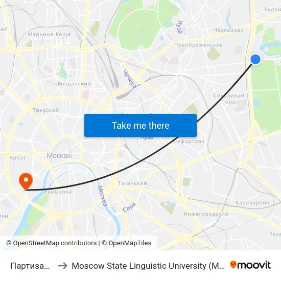 Партизанская (Partizanskaya) to Moscow State Linguistic University (МГЛУ / Московский государственный лингвистический университет) map