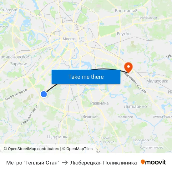 Метро "Теплый Стан" to Люберецкая Поликлиника map