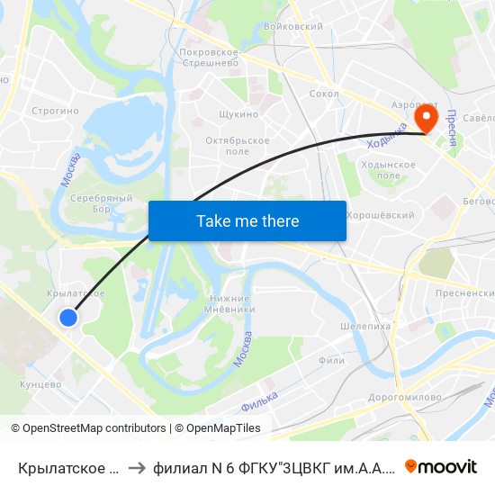 Крылатское (Krylatskoe) to филиал N 6 ФГКУ"3ЦВКГ им.А.А.Вишневского МО России map