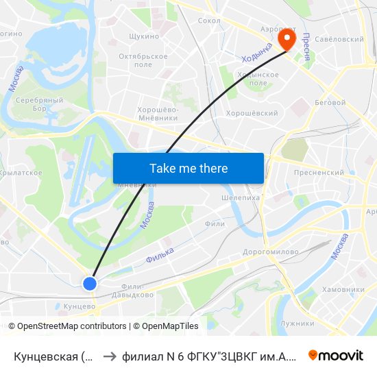 Кунцевская (Kuntsevskaya) to филиал N 6 ФГКУ"3ЦВКГ им.А.А.Вишневского МО России map