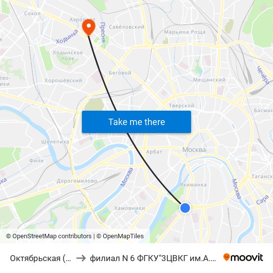 Октябрьская (Oktyabrskaya) to филиал N 6 ФГКУ"3ЦВКГ им.А.А.Вишневского МО России map