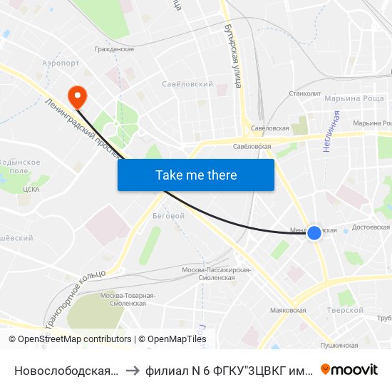 Новослободская (Novoslobodskaya) to филиал N 6 ФГКУ"3ЦВКГ им.А.А.Вишневского МО России map