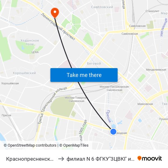 Краснопресненская (Krasnopresnenskaya) to филиал N 6 ФГКУ"3ЦВКГ им.А.А.Вишневского МО России map