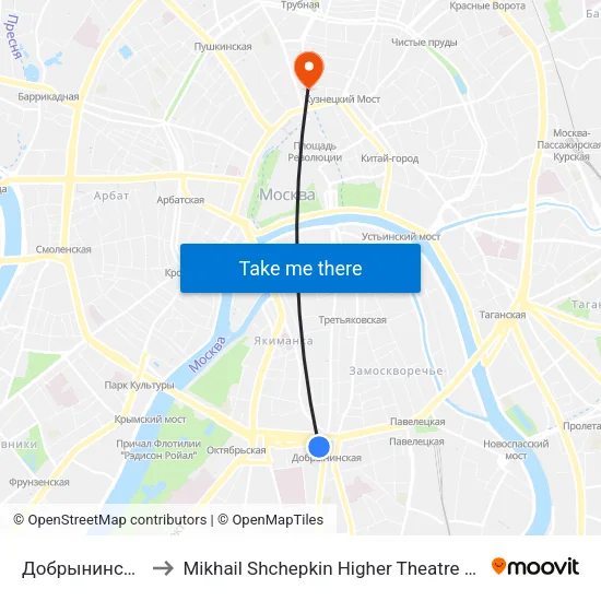 Добрынинская (Dobryninskaya) to Mikhail Shchepkin Higher Theatre School (Щепкинское театральное училище) map