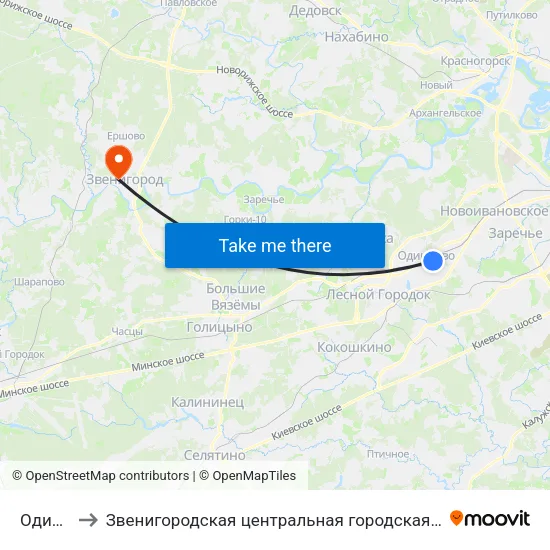 Одинцово to Звенигородская центральная городская больница им. А.П. Чехова map