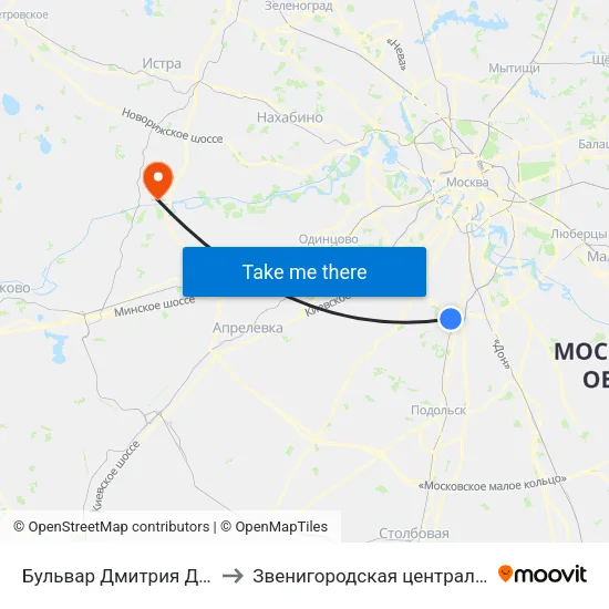 Бульвар Дмитрия Донского (Bulvar Dmitriya Donskogo) to Звенигородская центральная городская больница им. А.П. Чехова map