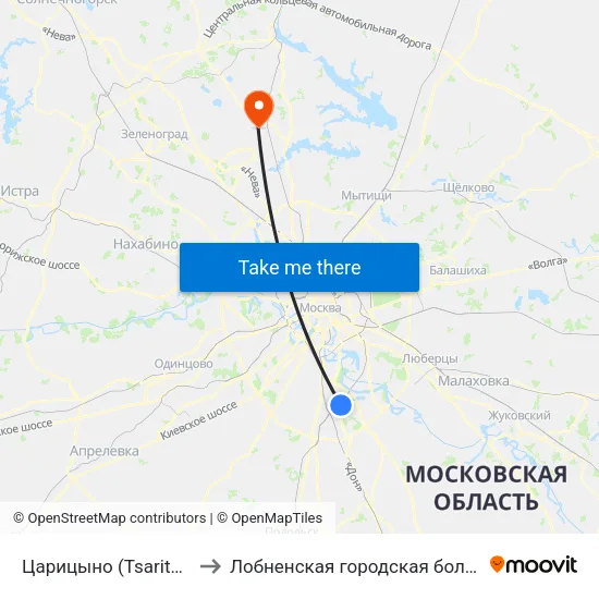 Царицыно (Tsaritsyno) to Лобненская городская больница map