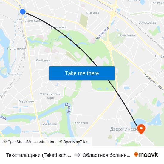Текстильщики (Tekstilschiki) to Областная больница map