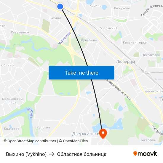 Выхино (Vykhino) to Областная больница map