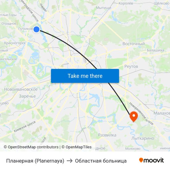 Планерная (Planernaya) to Областная больница map