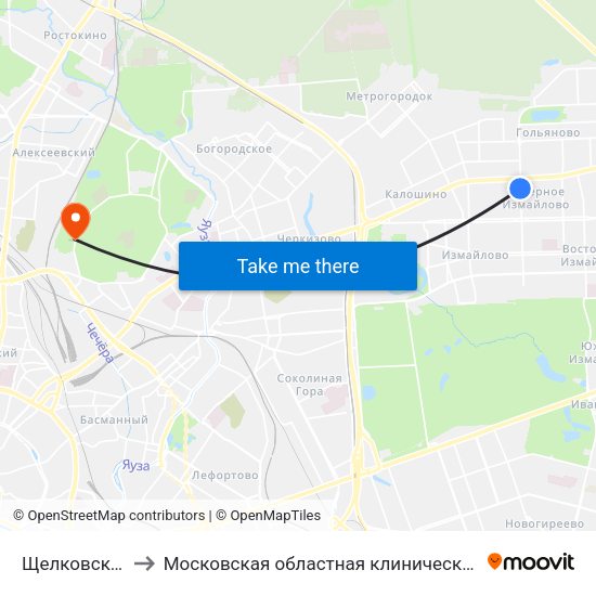 Щелковская (Schelkovskaya) to Московская областная клиническая детская травматолого-ортопедическая больница map