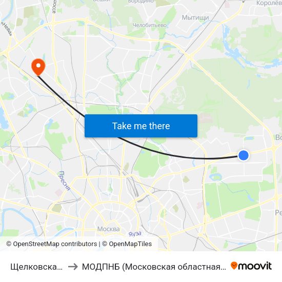 Щелковская (Schelkovskaya) to МОДПНБ (Московская областная детская психоневрологическая больница) map