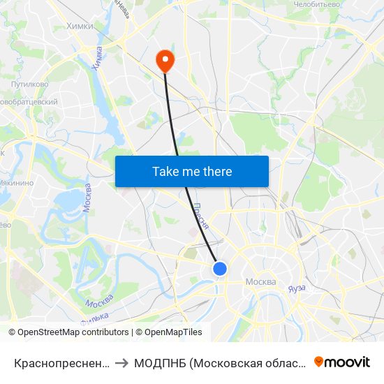 Краснопресненская (Krasnopresnenskaya) to МОДПНБ (Московская областная детская психоневрологическая больница) map