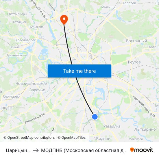 Царицыно (Tsaritsyno) to МОДПНБ (Московская областная детская психоневрологическая больница) map