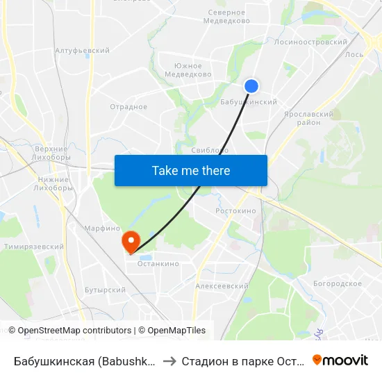 Бабушкинская (Babushkinskaya) to Стадион в парке Останкино map