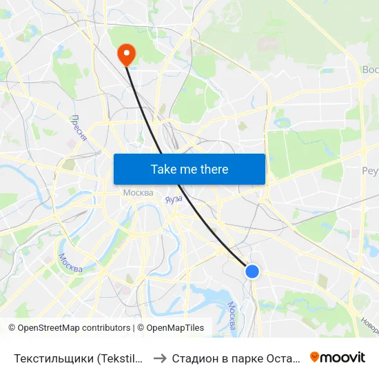 Текстильщики (Tekstilschiki) to Стадион в парке Останкино map