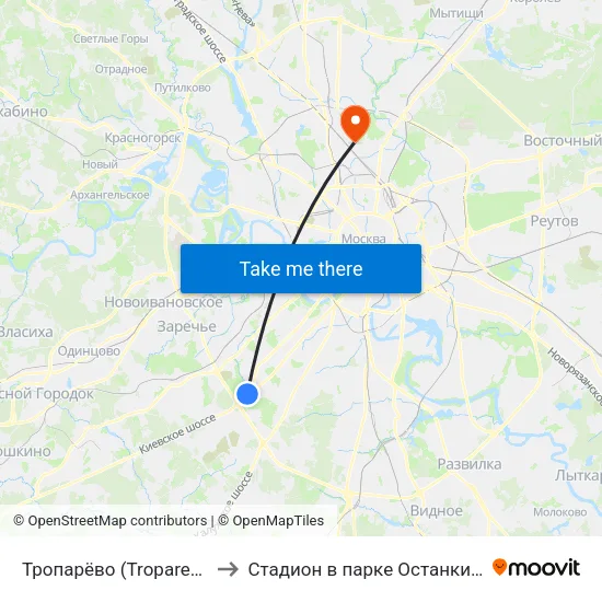 Тропарёво (Troparevo) to Стадион в парке Останкино map
