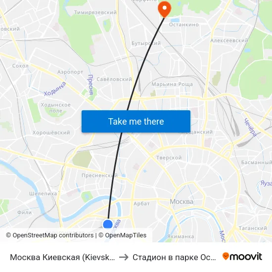 Москва Киевская (Kievsky Station) to Стадион в парке Останкино map