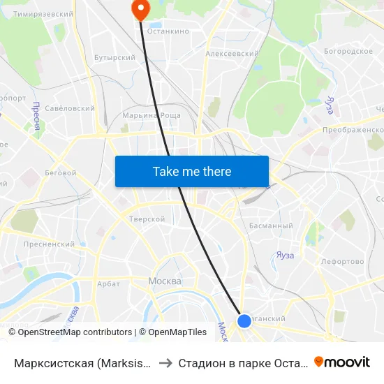 Марксистская (Marksistskaya) to Стадион в парке Останкино map