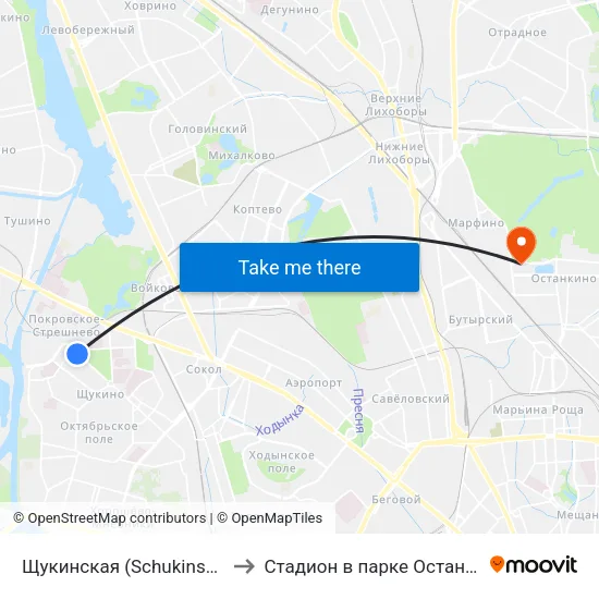 Щукинская (Schukinskaya) to Стадион в парке Останкино map