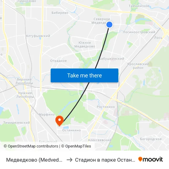 Медведково (Medvedkovo) to Стадион в парке Останкино map