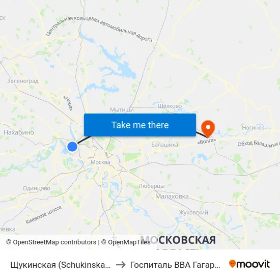 Щукинская (Schukinskaya) to Госпиталь ВВА Гагарина map