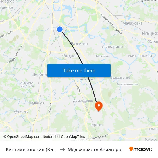 Кантемировская (Kantemirovskaya) to Медсанчасть Авиагородка Домодедово map