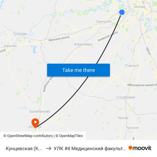 Кунцевская (Kuntsevskaya) to УЛК #4 Медицинский факультет ИАТЭ НИЯУ МИФИ map