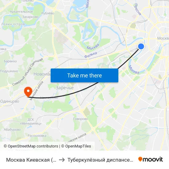 Москва Киевская (Kievsky Station) to Туберкулёзный диспансер Одинцовского р-на map