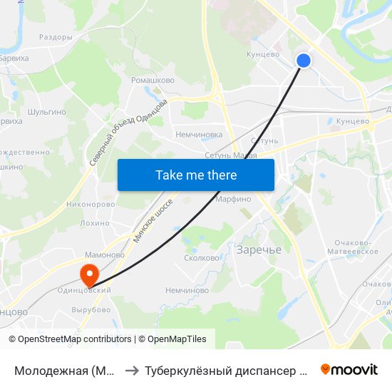 Молодежная (Molodezhnaya) to Туберкулёзный диспансер Одинцовского р-на map