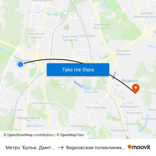 Метро "Бульв. Дмитрия Донского" to Видновская поликлиника для взрослых map