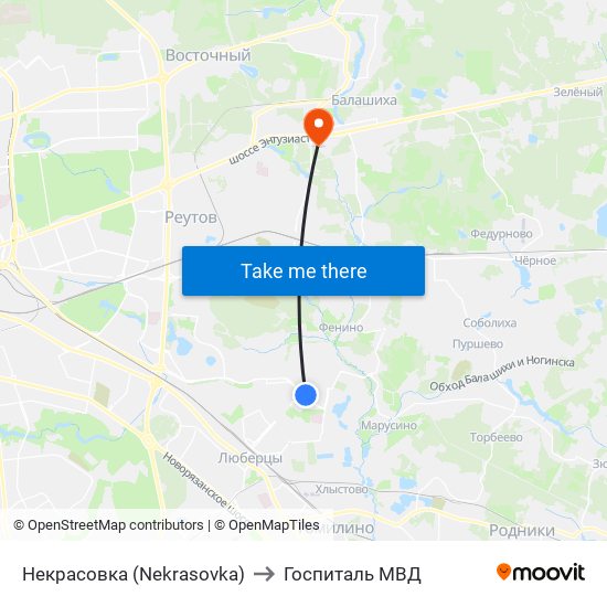 Некрасовка (Nekrasovka) to Госпиталь МВД map