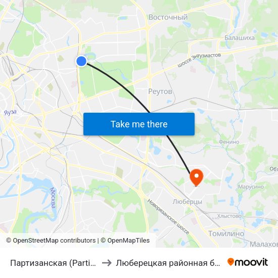 Партизанская (Partizanskaya) to Люберецкая районная больница #1 map
