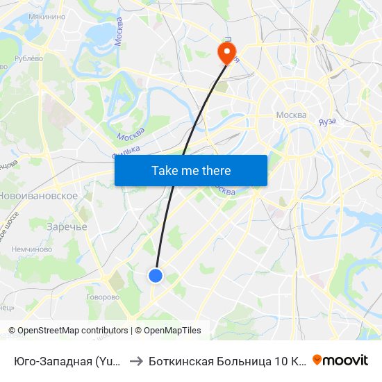 Юго-Западная (Yugo-Zapadnaya) to Боткинская Больница 10 Корпус Нефрология map