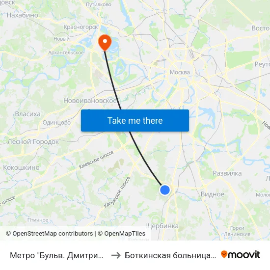 Метро "Бульв. Дмитрия Донского" to Боткинская больница Корпус 11 map