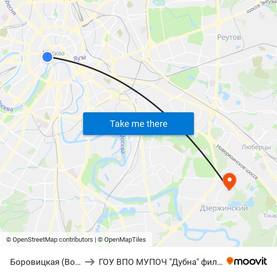 Боровицкая (Borovitskaya) to ГОУ ВПО МУПОЧ "Дубна" филиал "Котельники" map