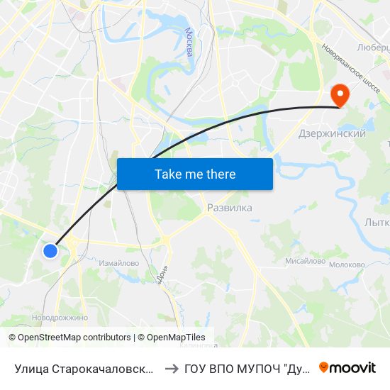 Улица Старокачаловская (Ulitsa Starokachalovskaya) to ГОУ ВПО МУПОЧ "Дубна" филиал "Котельники" map