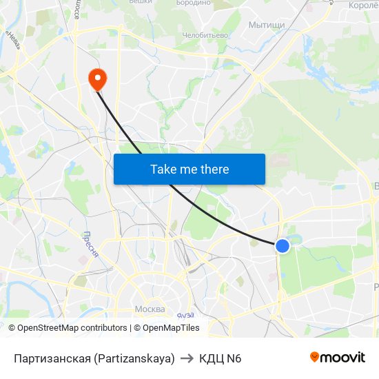Партизанская (Partizanskaya) to КДЦ N6 map
