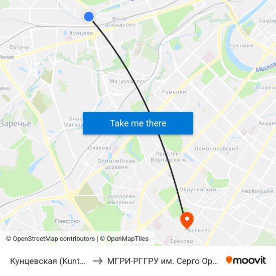 Кунцевская (Kuntsevskaya) to МГРИ-РГГРУ им. Серго Орджоникидзе map