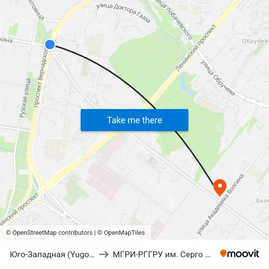 Юго-Западная (Yugo-Zapadnaya) to МГРИ-РГГРУ им. Серго Орджоникидзе map