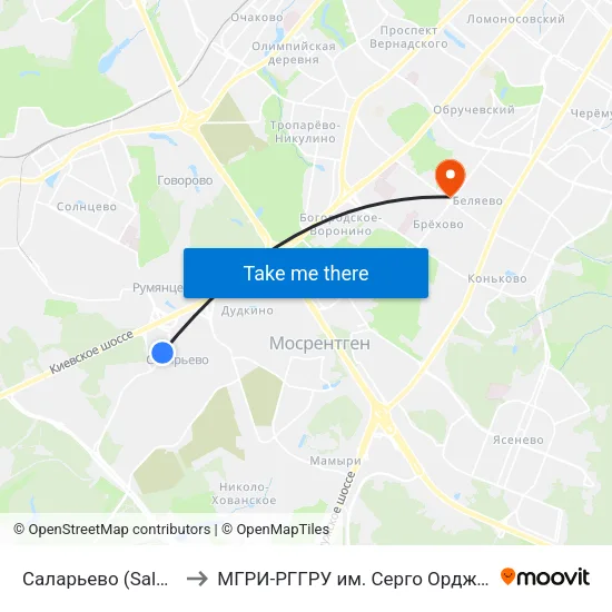 Саларьево (Salaryevo) to МГРИ-РГГРУ им. Серго Орджоникидзе map