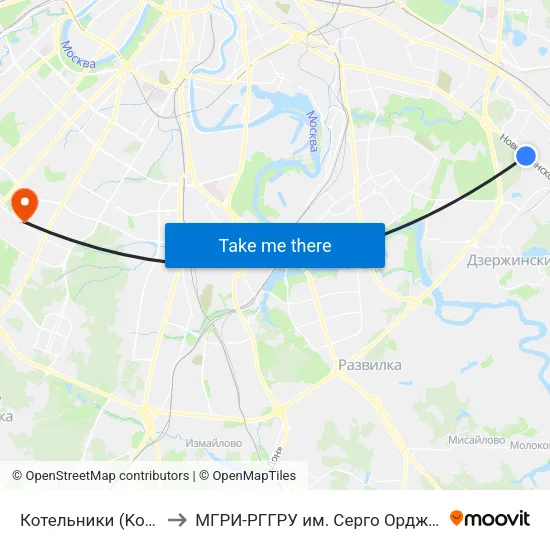 Котельники (Kotelniki) to МГРИ-РГГРУ им. Серго Орджоникидзе map