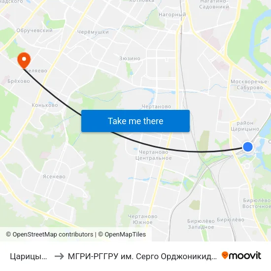 Царицыно to МГРИ-РГГРУ им. Серго Орджоникидзе map