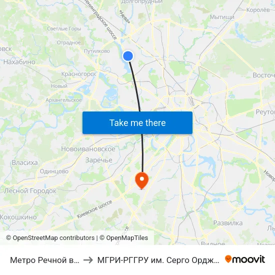 Метро Речной вокзал to МГРИ-РГГРУ им. Серго Орджоникидзе map