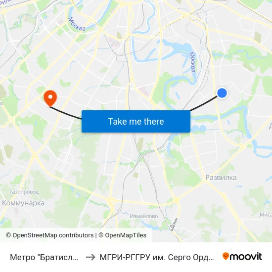 Метро "Братиславская" to МГРИ-РГГРУ им. Серго Орджоникидзе map