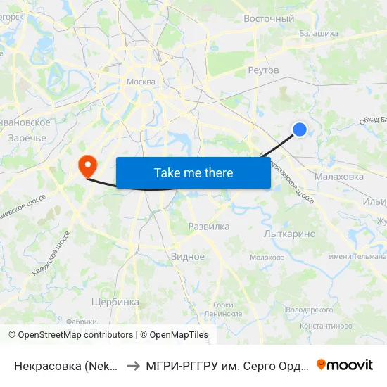 Некрасовка (Nekrasovka) to МГРИ-РГГРУ им. Серго Орджоникидзе map